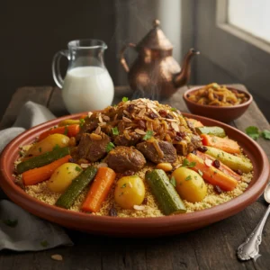 Couscous viande de bœuf avec légumes, Tefaya et Iben